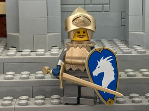 Custom D&D Knight w/Bascinet, Armor & Authentic LEGO Shield! (in NEW Metallic Gold)