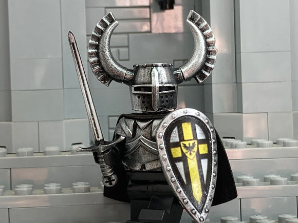 Teutonic Crusader Order Knight w/Custom Helm, Sword, & Kite Shield (in Oxidized Iron)